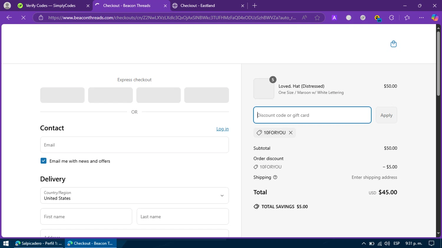 Beacon Threads discount code screenshot showing code 10FORYOU applied at Beacon Threads checkout page. Uploaded by SimplyCodes community member BargainFox507 on Apr 21, 2025