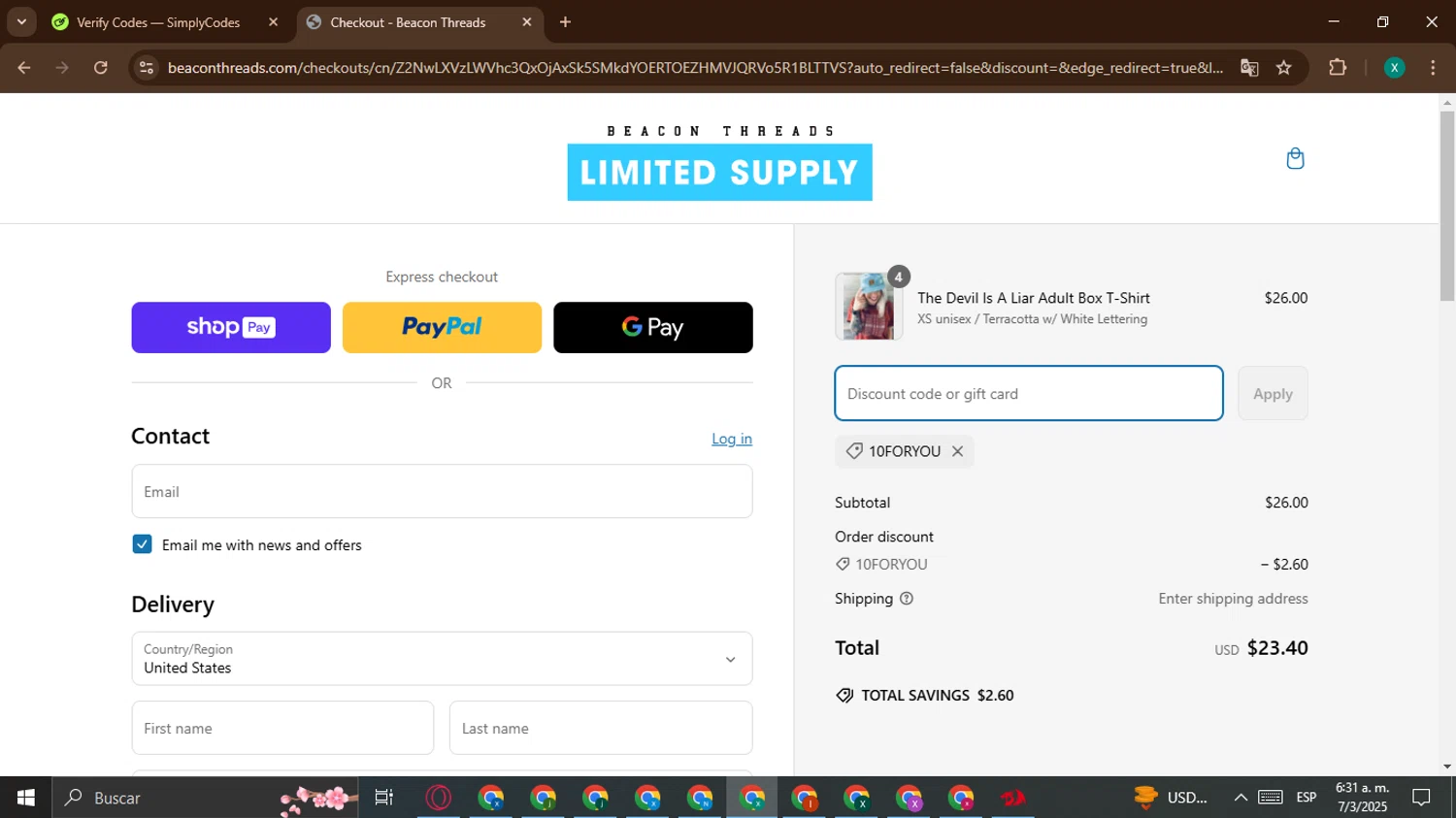 Beacon Threads discount code screenshot showing code 10FORYOU applied at Beacon Threads checkout page. Uploaded by SimplyCodes community member BonusWarden6019 on Mar 7, 2025