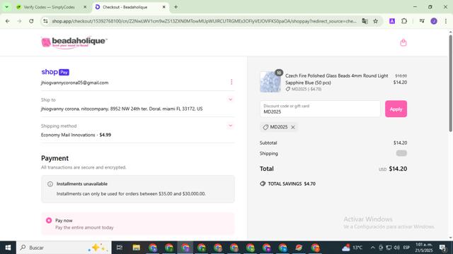 Beadaholique checkout page showing Beadaholique promo code box | Screenshot taken by SimplyCodes community member on May 21, 2025