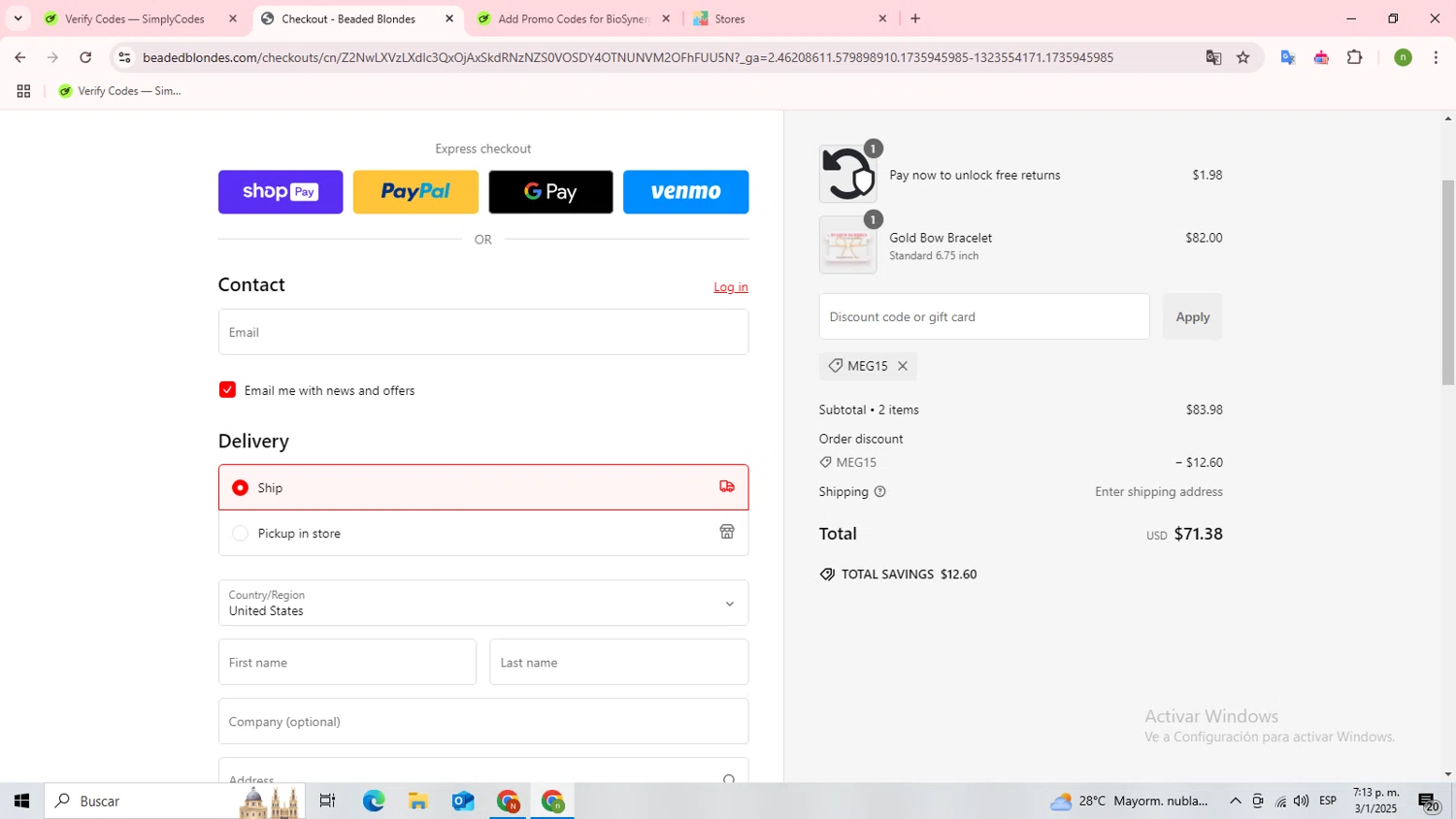 Beaded Blondes discount code screenshot showing code Meg15 applied at Beaded Blondes checkout page. Uploaded by SimplyCodes community member ShieldScout7945 on Jan 3, 2025