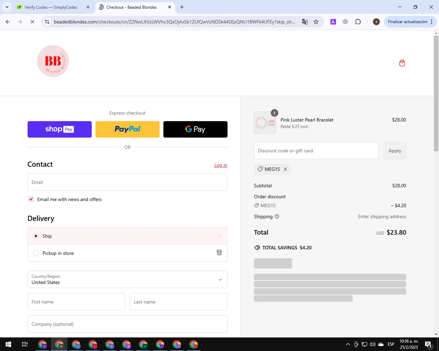 Beaded Blondes discount code screenshot showing code Meg15 applied at Beaded Blondes checkout page. Uploaded by SimplyCodes community member BonusGuardian1649 on Feb 25, 2025