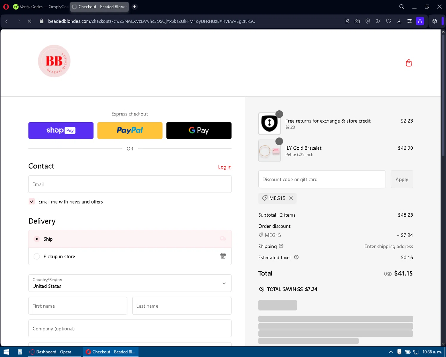 Beaded Blondes discount code screenshot showing code Meg15 applied at Beaded Blondes checkout page. Uploaded by SimplyCodes community member Makunouchi on Feb 25, 2025