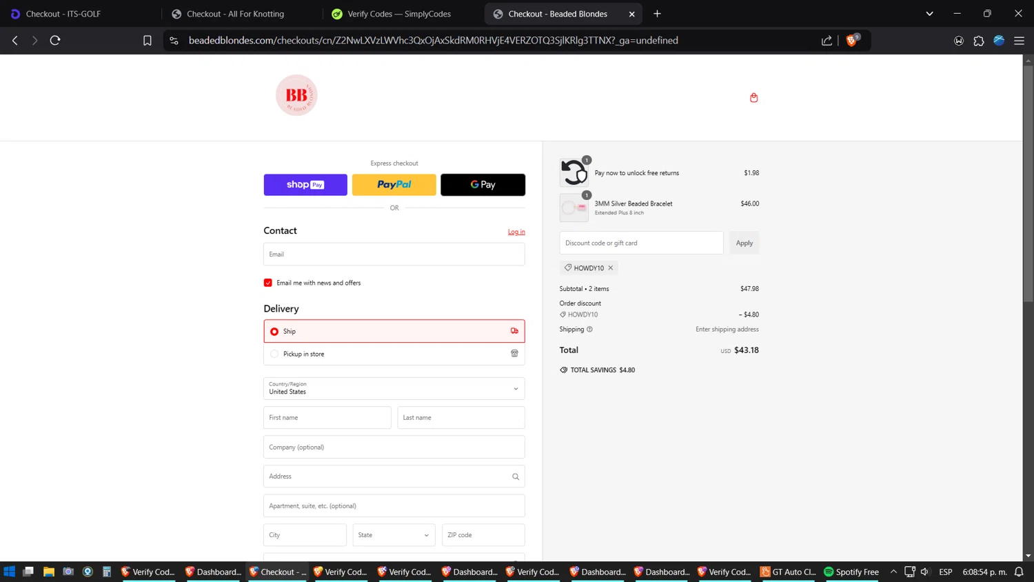 Beaded Blondes discount code screenshot showing code HOWDY10 applied at Beaded Blondes checkout page. Uploaded by SimplyCodes community member Jgomez on Jan 3, 2025