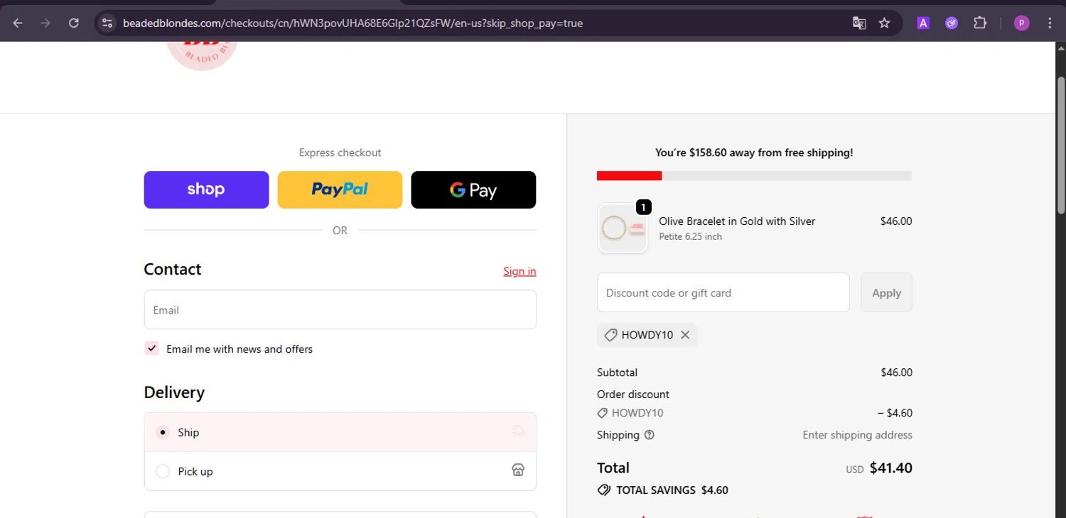 Beaded Blondes discount code screenshot showing code HOWDY10 applied at Beaded Blondes checkout page. Uploaded by SimplyCodes community member firoas on Oct 7, 2025