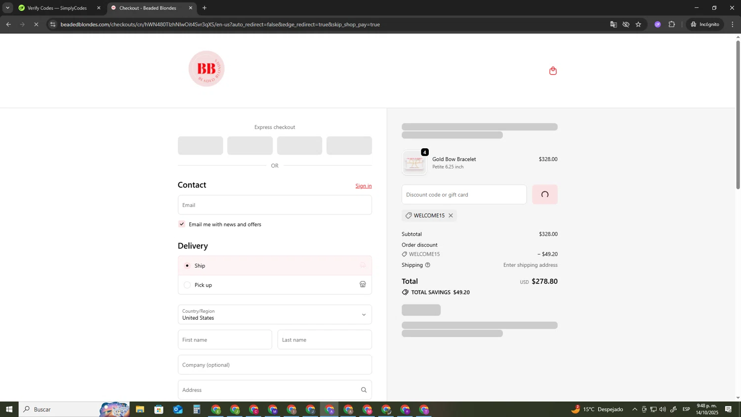 Beaded Blondes discount code screenshot showing code WELCOME15 applied at Beaded Blondes checkout page. Uploaded by SimplyCodes community member SAKURA on Oct 15, 2025