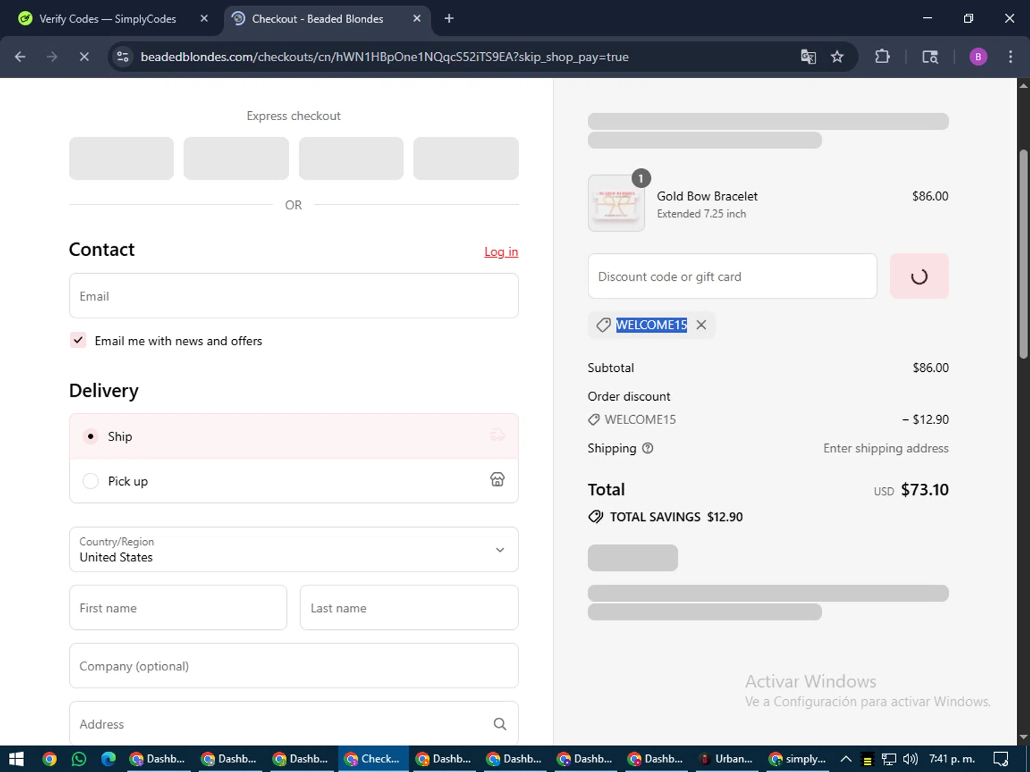 Beaded Blondes discount code screenshot showing code WELCOME15 applied at Beaded Blondes checkout page. Uploaded by SimplyCodes community member travisscott on Jul 31, 2025