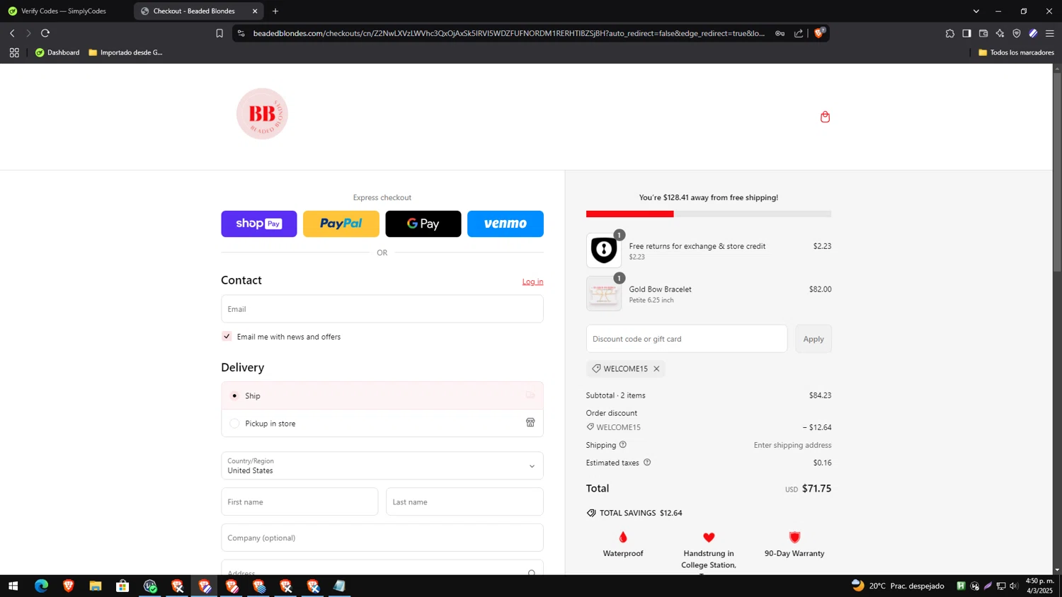 Beaded Blondes discount code screenshot showing code WELCOME15 applied at Beaded Blondes checkout page. Uploaded by SimplyCodes community member yesenia on Mar 4, 2025