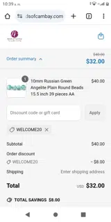 WELCOME20 coupon verification screenshot
