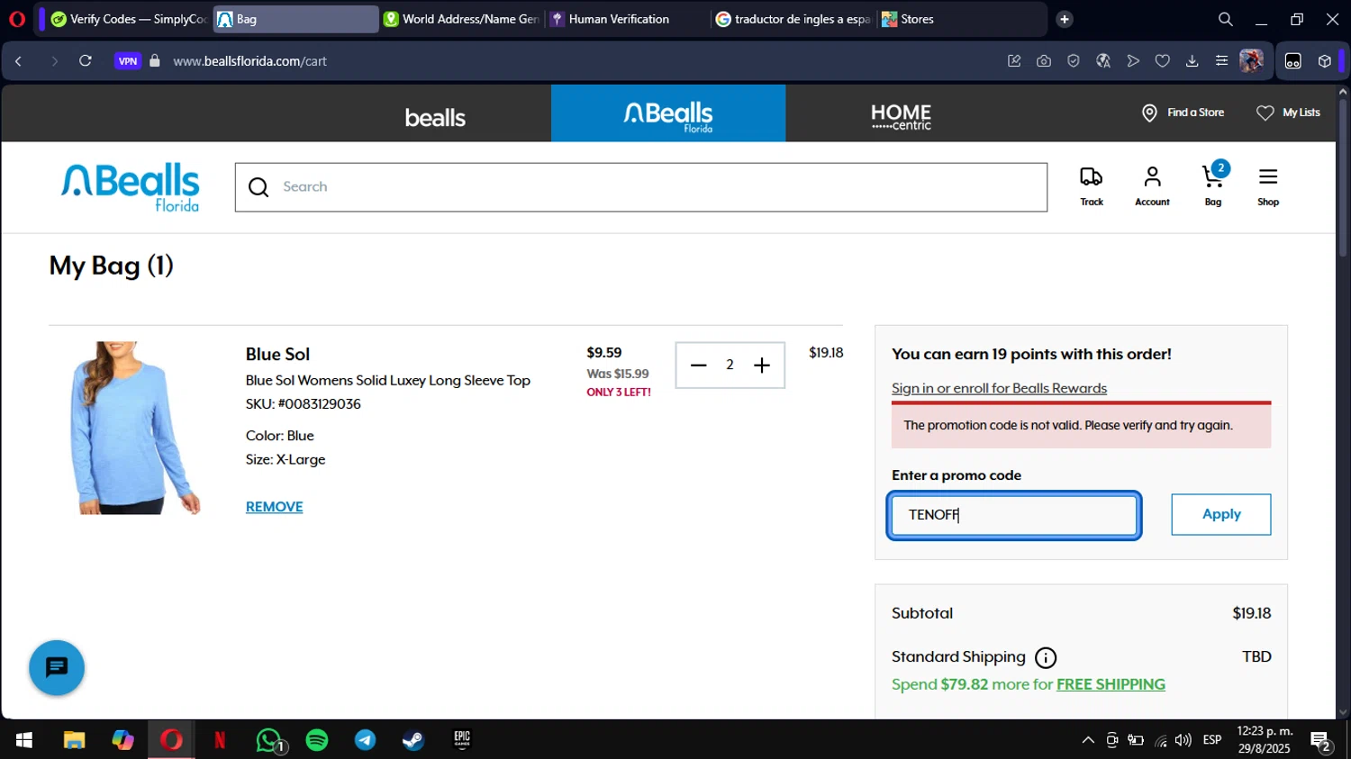 Bealls Florida promo code screenshot showing code TENOFF applied at Bealls Florida checkout page. Uploaded by SimplyCodes community member mimusuky1 on Aug 29, 2025