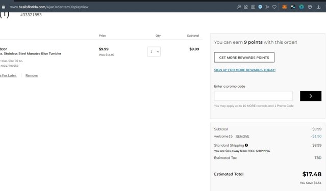 Bealls Florida checkout page showing Bealls Florida promo code box | Screenshot taken by SimplyCodes community member on Jul 10, 2022