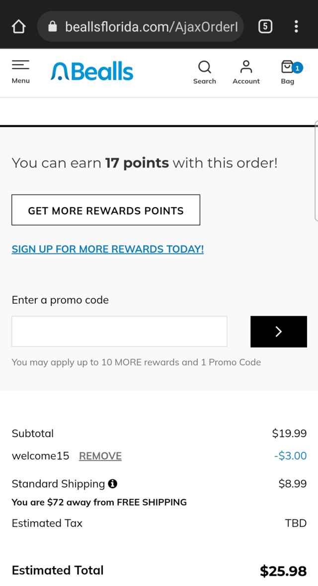 Bealls Florida checkout page showing Bealls Florida promo code box | Screenshot taken by SimplyCodes community member on May 4, 2022