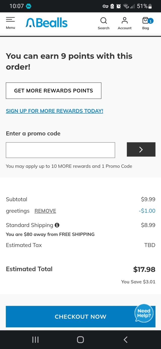Bealls Florida checkout page showing Bealls Florida promo code box | Screenshot taken by SimplyCodes community member on Oct 10, 2022