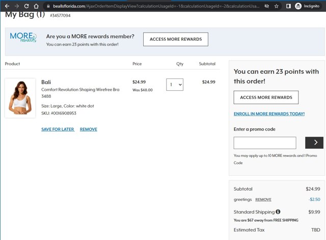 Bealls Florida checkout page showing Bealls Florida promo code box | Screenshot taken by SimplyCodes community member on Nov 8, 2022