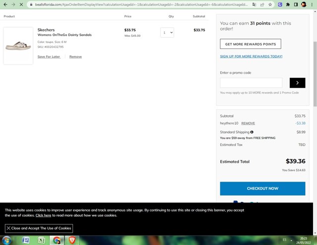 Bealls Florida checkout page showing Bealls Florida promo code box | Screenshot taken by SimplyCodes community member on May 24, 2022