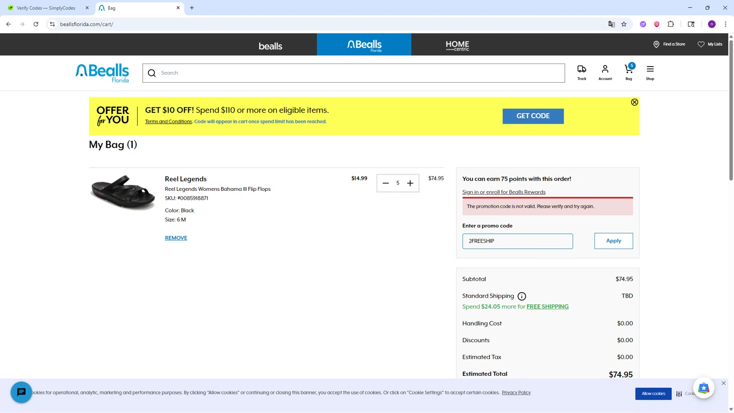 Bealls Florida promo code screenshot showing code 2FREESHIP applied at Bealls Florida checkout page. Uploaded by SimplyCodes community member AVAMUSTANG on Aug 29, 2025