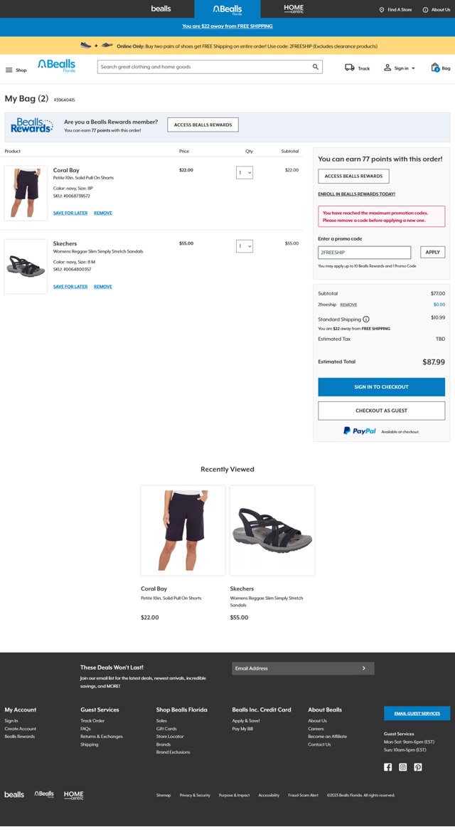 Bealls Florida checkout page showing Bealls Florida promo code box | Screenshot taken by SimplyCodes community member on Jun 18, 2024