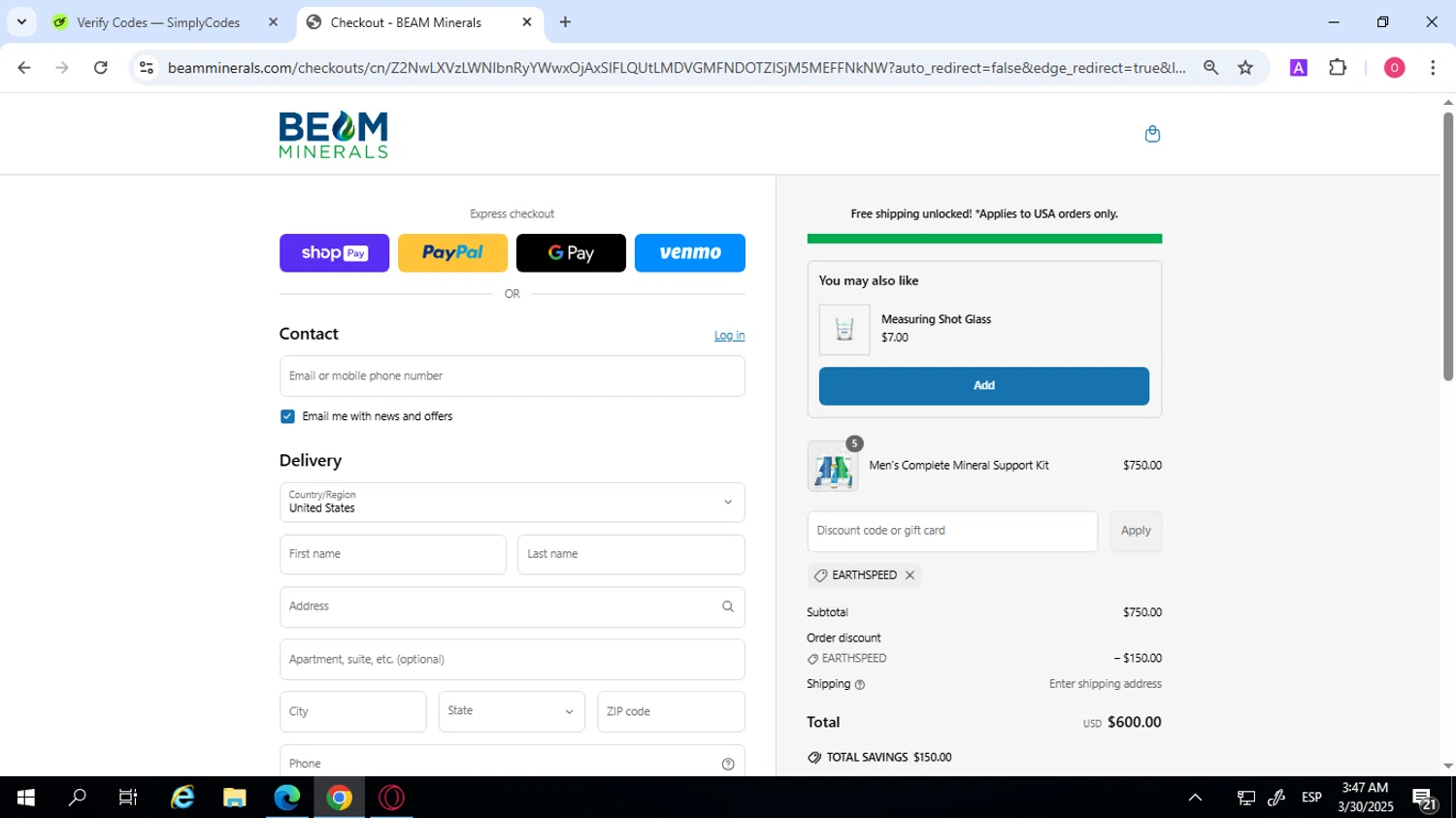 Beam Minerals discount code screenshot showing code EARTHSPEED applied at Beam Minerals checkout page. Uploaded by SimplyCodes community member SilverVirtuoso7221 on Mar 30, 2025
