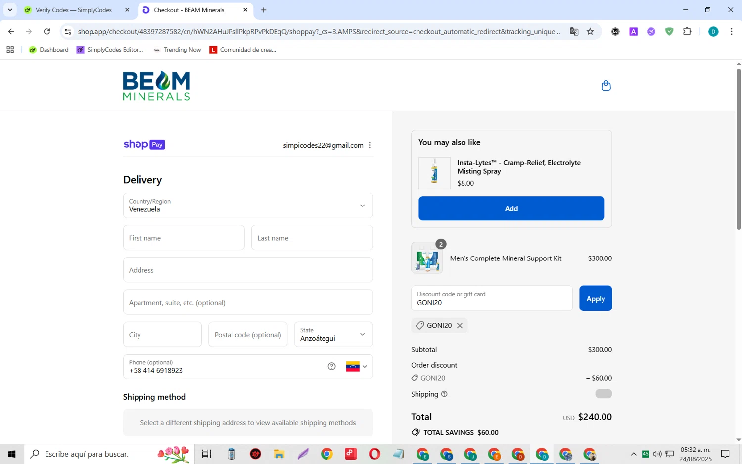 Beam Minerals discount code screenshot showing code GONI20 applied at Beam Minerals checkout page. Uploaded by SimplyCodes community member MagnificentCollector5368 on Aug 24, 2025