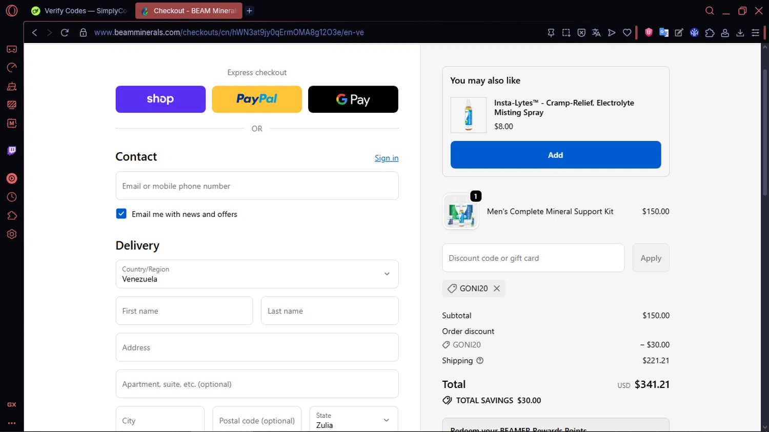 Beam Minerals discount code screenshot showing code GONI20 applied at Beam Minerals checkout page. Uploaded by SimplyCodes community member MoneySentinel1166 on Oct 12, 2025