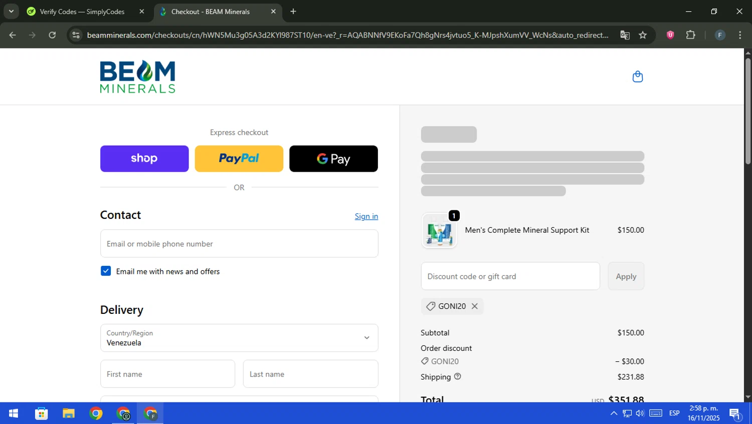 Beam Minerals discount code screenshot showing code GONI20 applied at Beam Minerals checkout page. Uploaded by SimplyCodes community member pajarito on Nov 16, 2025