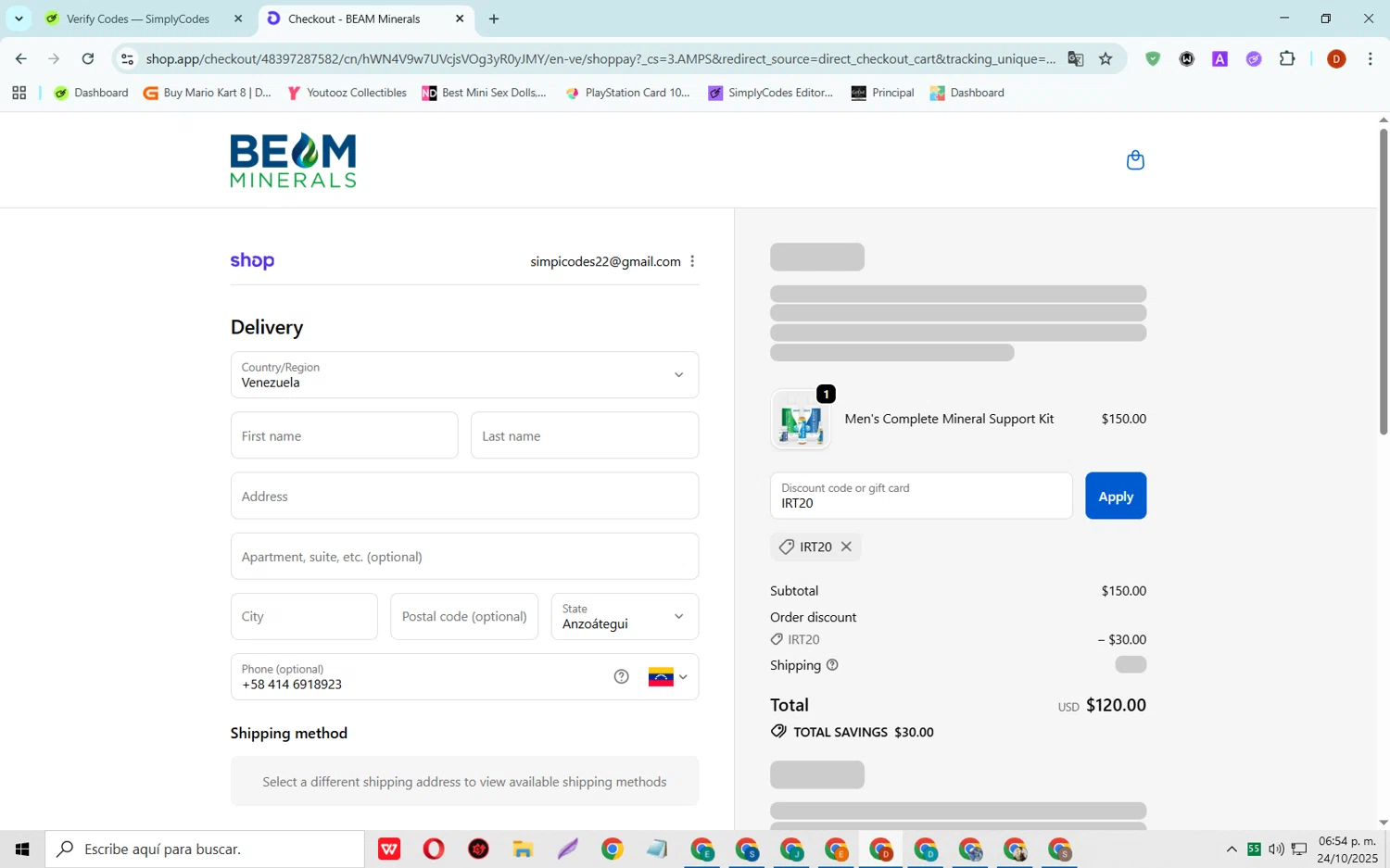 Beam Minerals discount code screenshot showing code IRT20 applied at Beam Minerals checkout page. Uploaded by SimplyCodes community member SaleSaver3540 on Oct 24, 2025