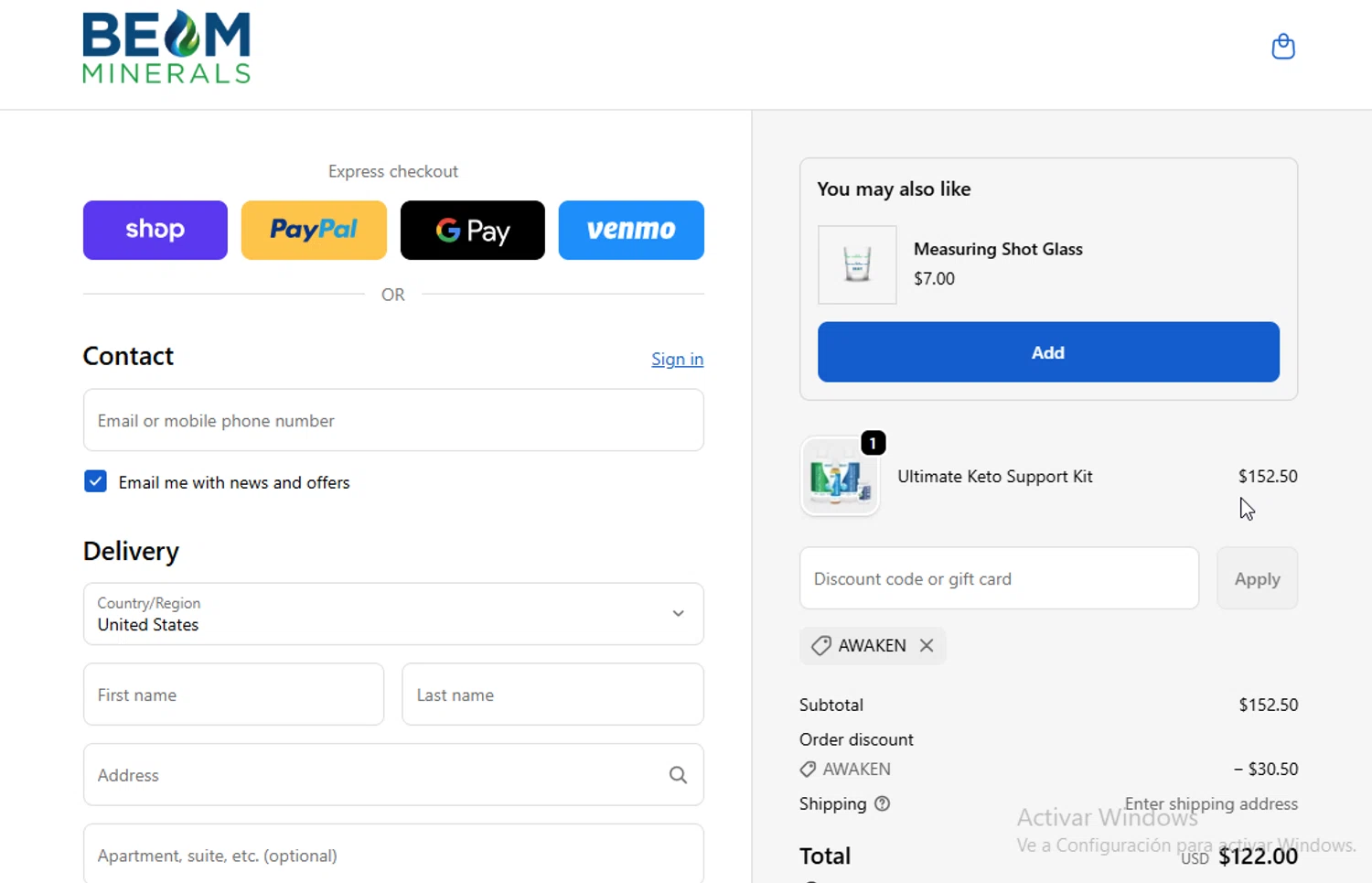 Beam Minerals discount code screenshot showing code AWAKEN applied at Beam Minerals checkout page. Uploaded by SimplyCodes community member BudgetGuardian5712 on Oct 8, 2025