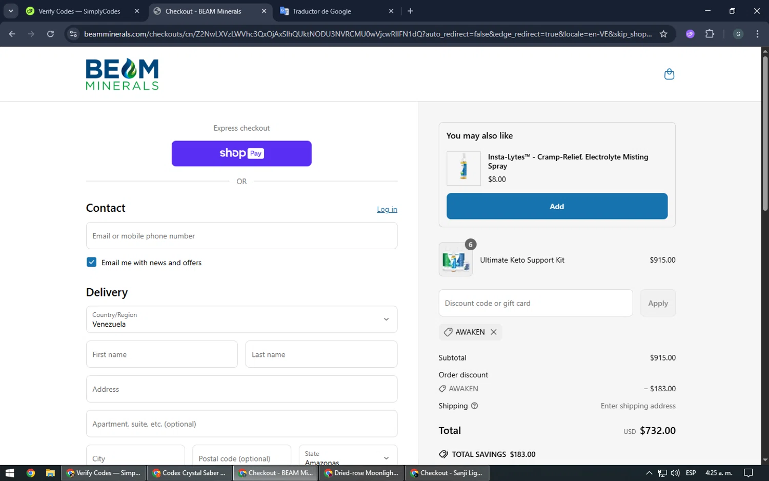 Beam Minerals discount code screenshot showing code AWAKEN applied at Beam Minerals checkout page. Uploaded by SimplyCodes community member TOUSEN on Jun 14, 2025