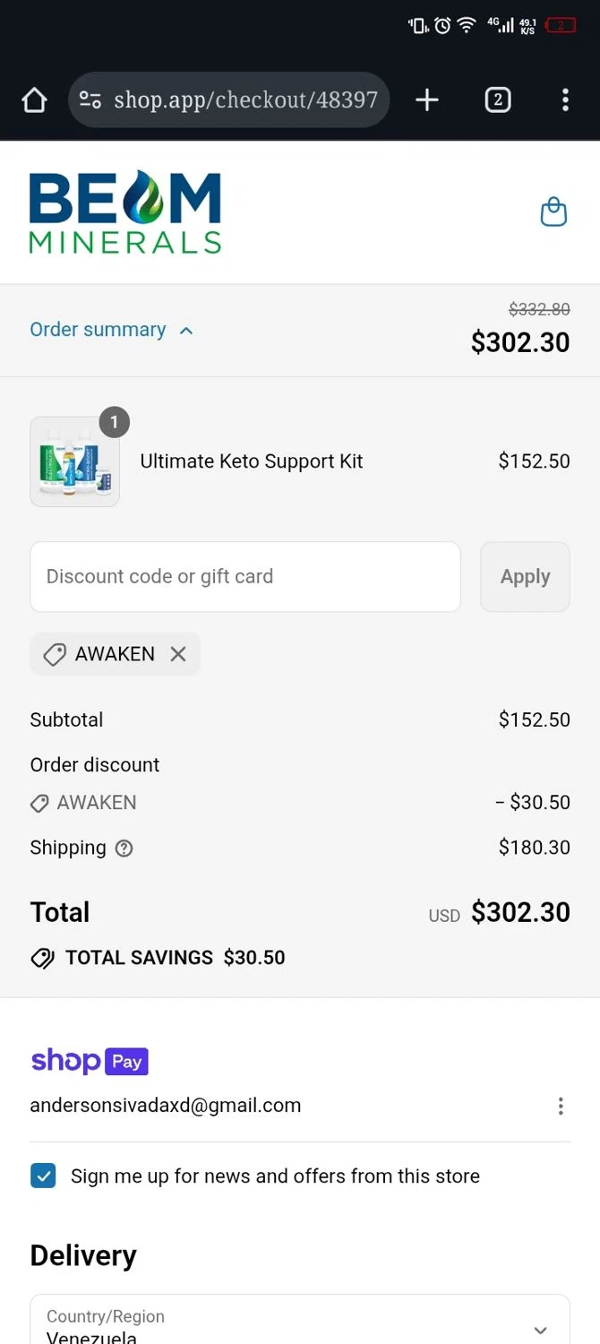 Beam Minerals discount code screenshot showing code AWAKEN applied at Beam Minerals checkout page. Uploaded by SimplyCodes community member Xx_Cogeburras3000_xX on Jul 12, 2025