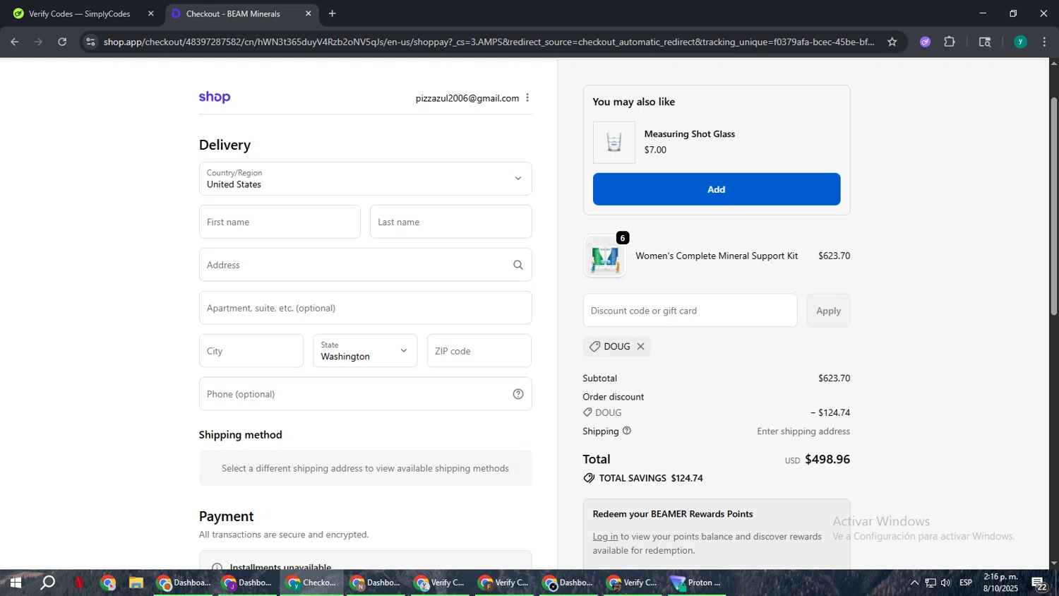 Beam Minerals discount code screenshot showing code DOUG applied at Beam Minerals checkout page. Uploaded by SimplyCodes community member FrugalCaptain6906 on Oct 8, 2025