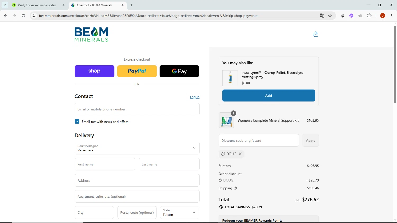 Beam Minerals discount code screenshot showing code DOUG applied at Beam Minerals checkout page. Uploaded by SimplyCodes community member NobleMaven802 on Aug 10, 2025