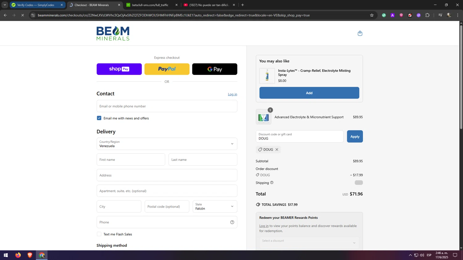 Beam Minerals discount code screenshot showing code DOUG applied at Beam Minerals checkout page. Uploaded by SimplyCodes community member eliaskao on Jun 17, 2025