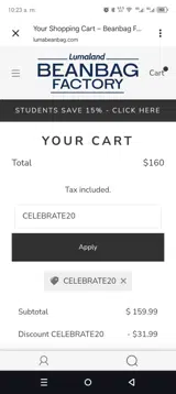 CELEBRATE20 coupon verification screenshot