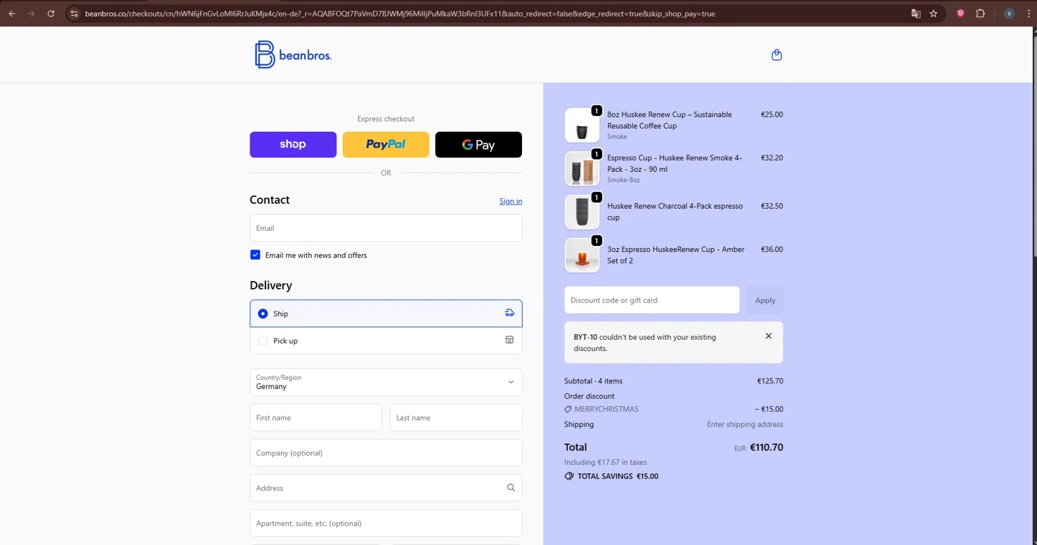 Bean Bros promo code screenshot showing code BYT-10 applied at Bean Bros checkout page. Uploaded by SimplyCodes community member CleverChaser9201 on Dec 22, 2025