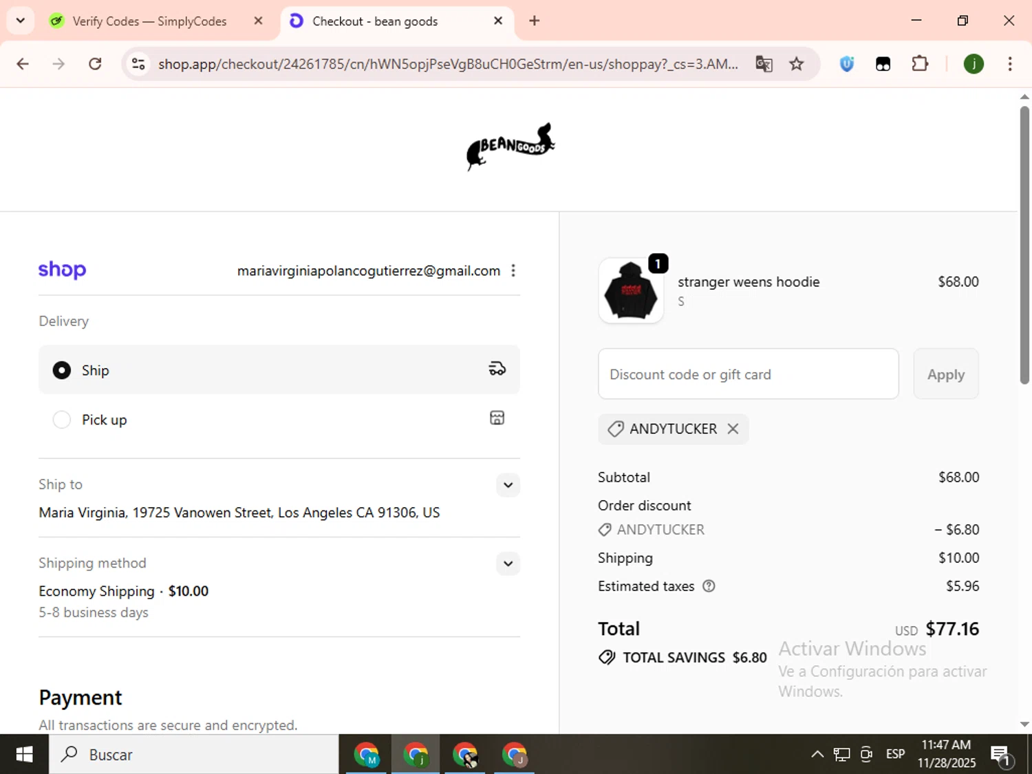 Bean Goods discount code screenshot showing code ANDYTUCKER applied at Bean Goods checkout page. Uploaded by SimplyCodes community member SavingsCollector2592 on Nov 28, 2025