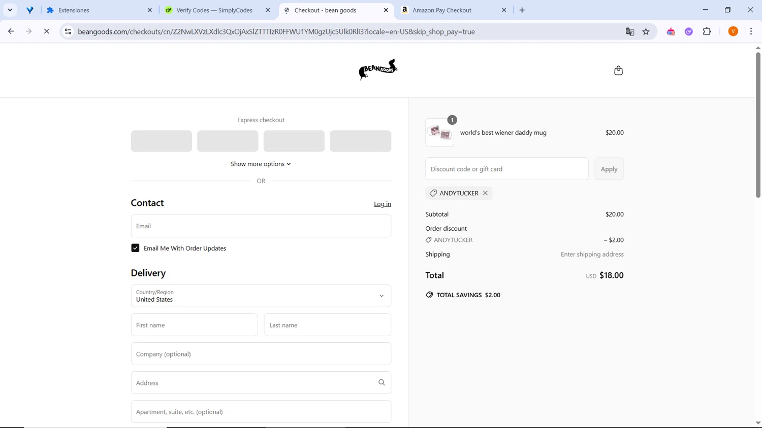 Bean Goods discount code screenshot showing code ANDYTUCKER applied at Bean Goods checkout page. Uploaded by SimplyCodes community member BrilliantLion4485 on May 21, 2025
