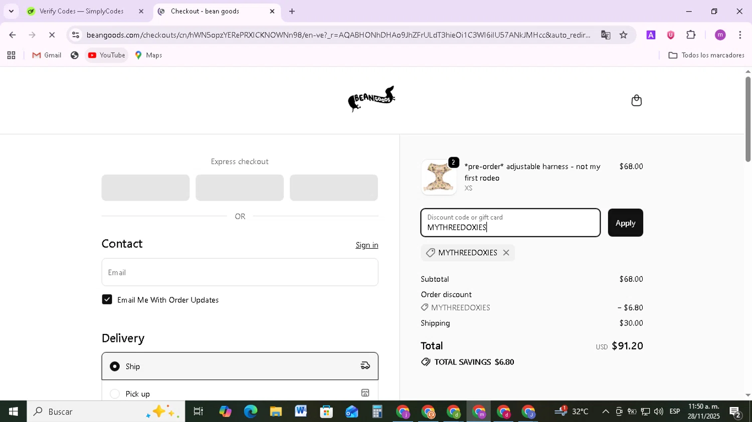 Bean Goods discount code screenshot showing code MYTHREEDOXIES applied at Bean Goods checkout page. Uploaded by SimplyCodes community member BudgetMonarch8952 on Nov 28, 2025