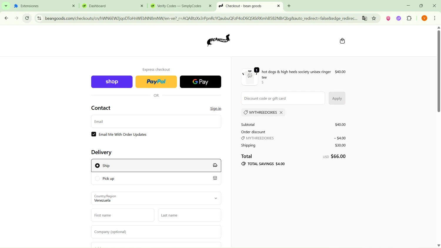 Bean Goods discount code screenshot showing code MYTHREEDOXIES applied at Bean Goods checkout page. Uploaded by SimplyCodes community member MightyPro2893 on Dec 9, 2025