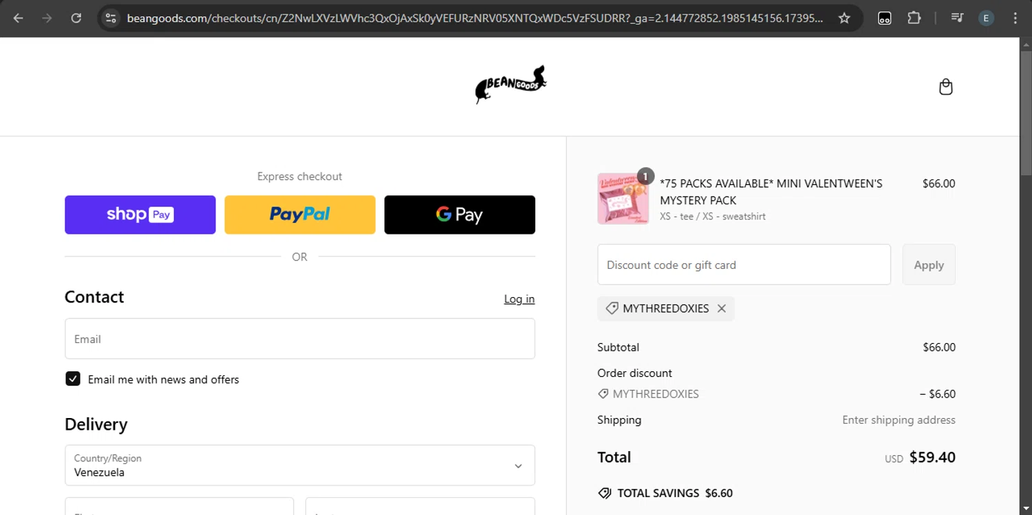 Bean Goods discount code screenshot showing code MYTHREEDOXIES applied at Bean Goods checkout page. Uploaded by SimplyCodes community member SilverKnight4465 on Feb 14, 2025