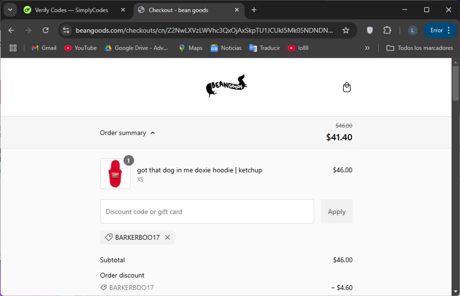 Bean Goods discount code screenshot showing code BARKERBOO17 applied at Bean Goods checkout page. Uploaded by SimplyCodes community member SoyLuis on Jan 29, 2025