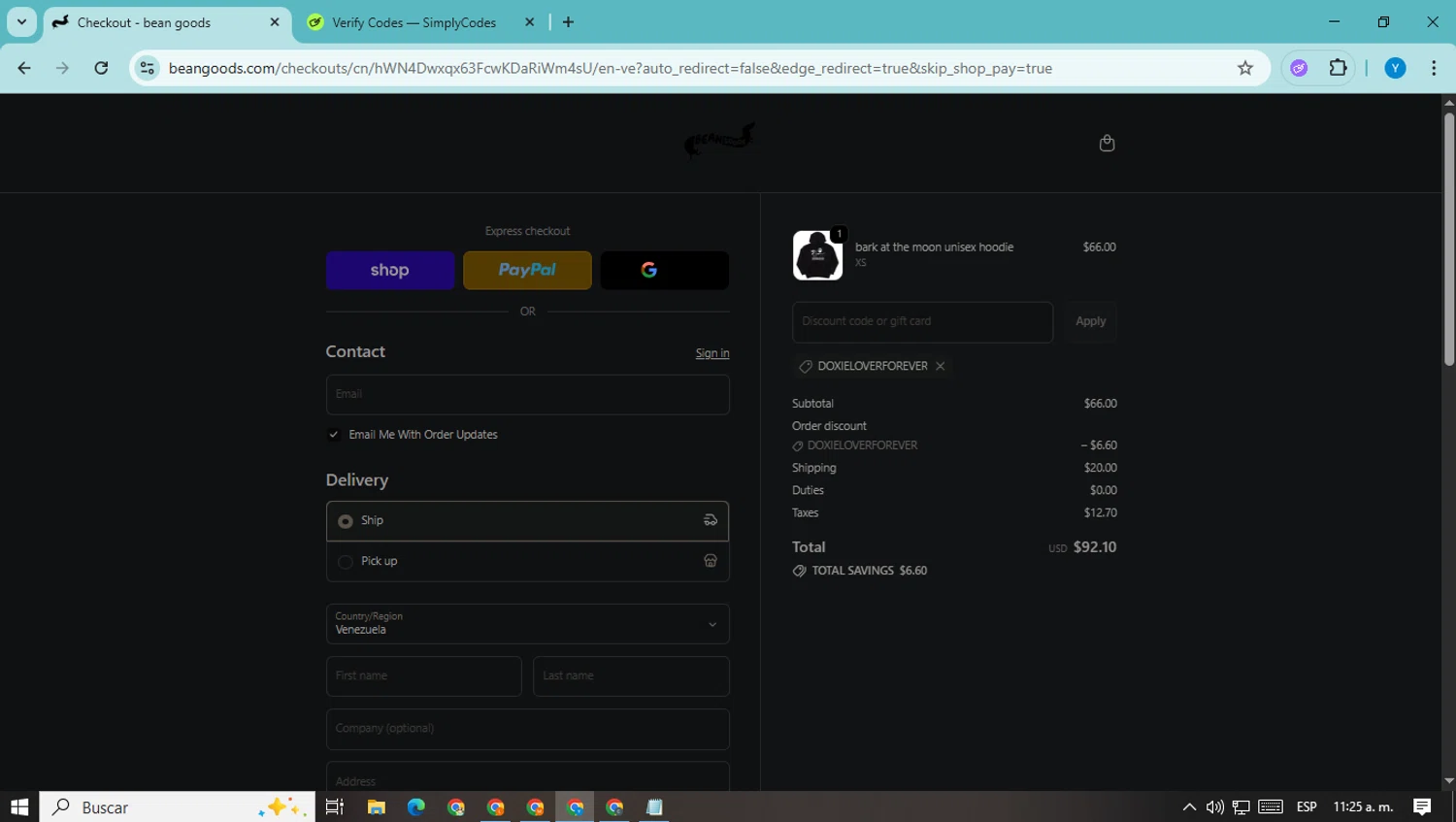 Bean Goods discount code screenshot showing code DOXIELOVERFOREVER applied at Bean Goods checkout page. Uploaded by SimplyCodes community member CodeWarden5915 on Oct 17, 2025