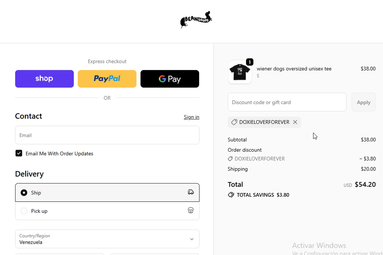 Bean Goods discount code screenshot showing code DOXIELOVERFOREVER applied at Bean Goods checkout page. Uploaded by SimplyCodes community member WonderW on Oct 6, 2025