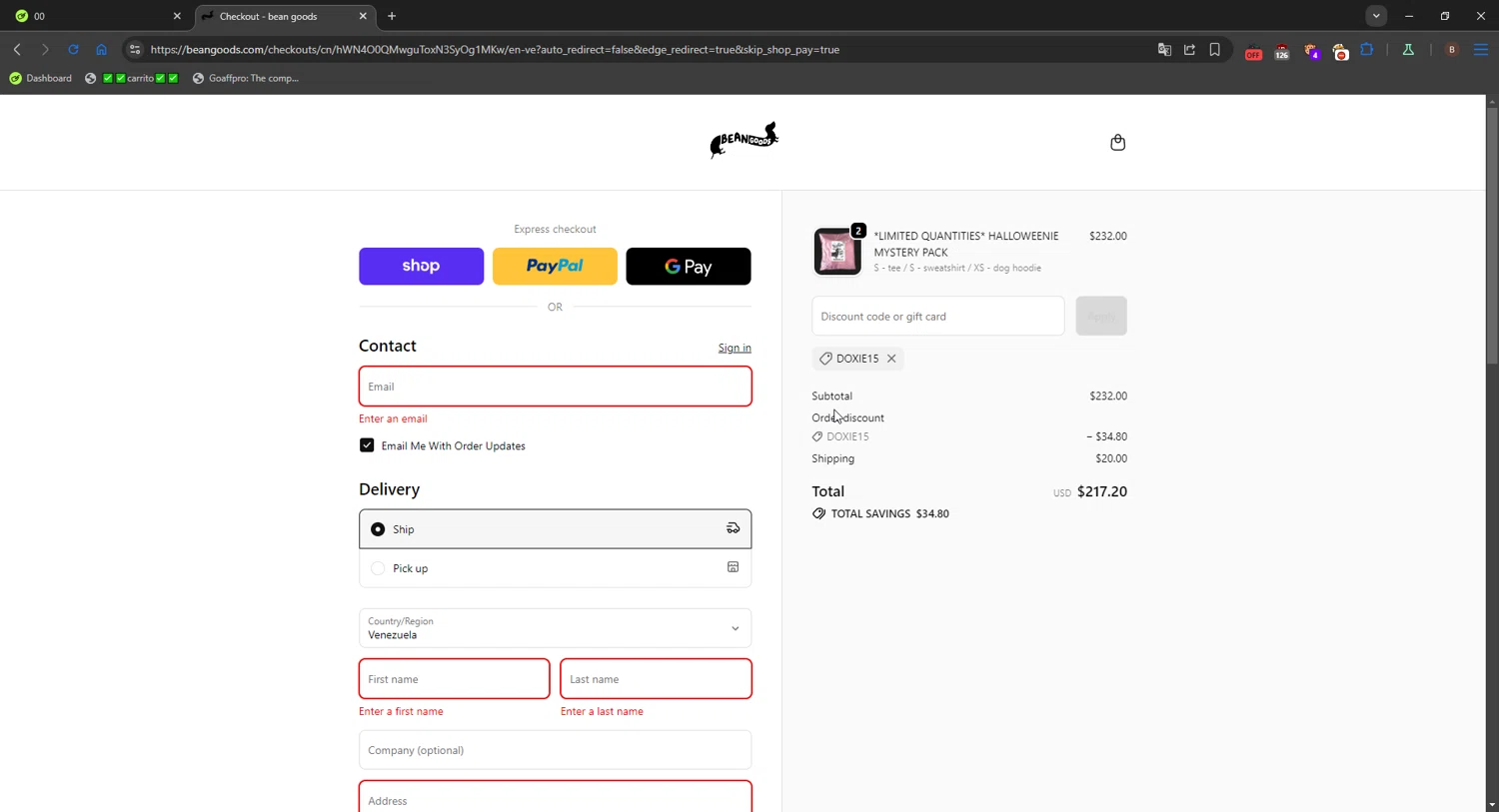 Bean Goods discount code screenshot showing code DOXIE15 applied at Bean Goods checkout page. Uploaded by SimplyCodes community member FrugalShopper1585 on Oct 21, 2025