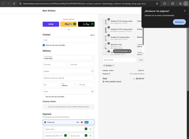 Bear Archery checkout page showing Bear Archery discount code box | Screenshot taken by SimplyCodes community member on Sep 14, 2025