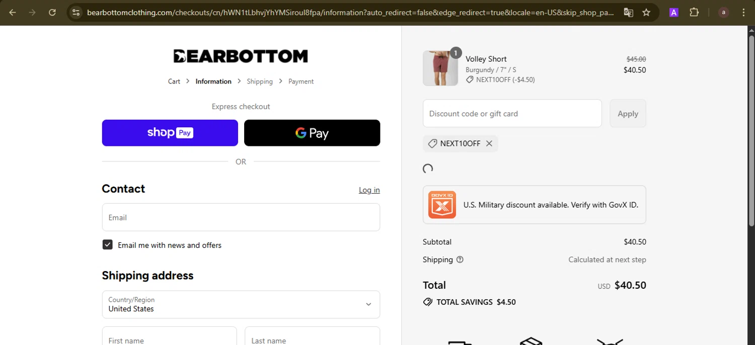 Bearbottom Clothing discount code screenshot showing code NEXT10OFF applied at Bearbottom Clothing checkout page. Uploaded by SimplyCodes community member GoldCurator1773 on Aug 17, 2025