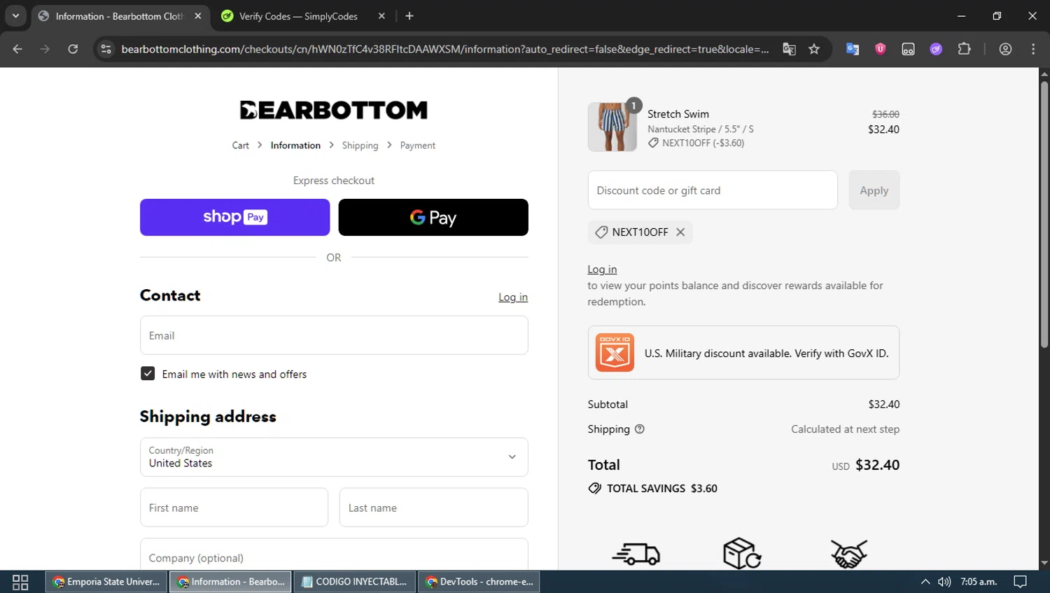 Bearbottom Clothing discount code screenshot showing code NEXT10OFF applied at Bearbottom Clothing checkout page. Uploaded by SimplyCodes community member MoneyPioneer4925 on Jul 24, 2025