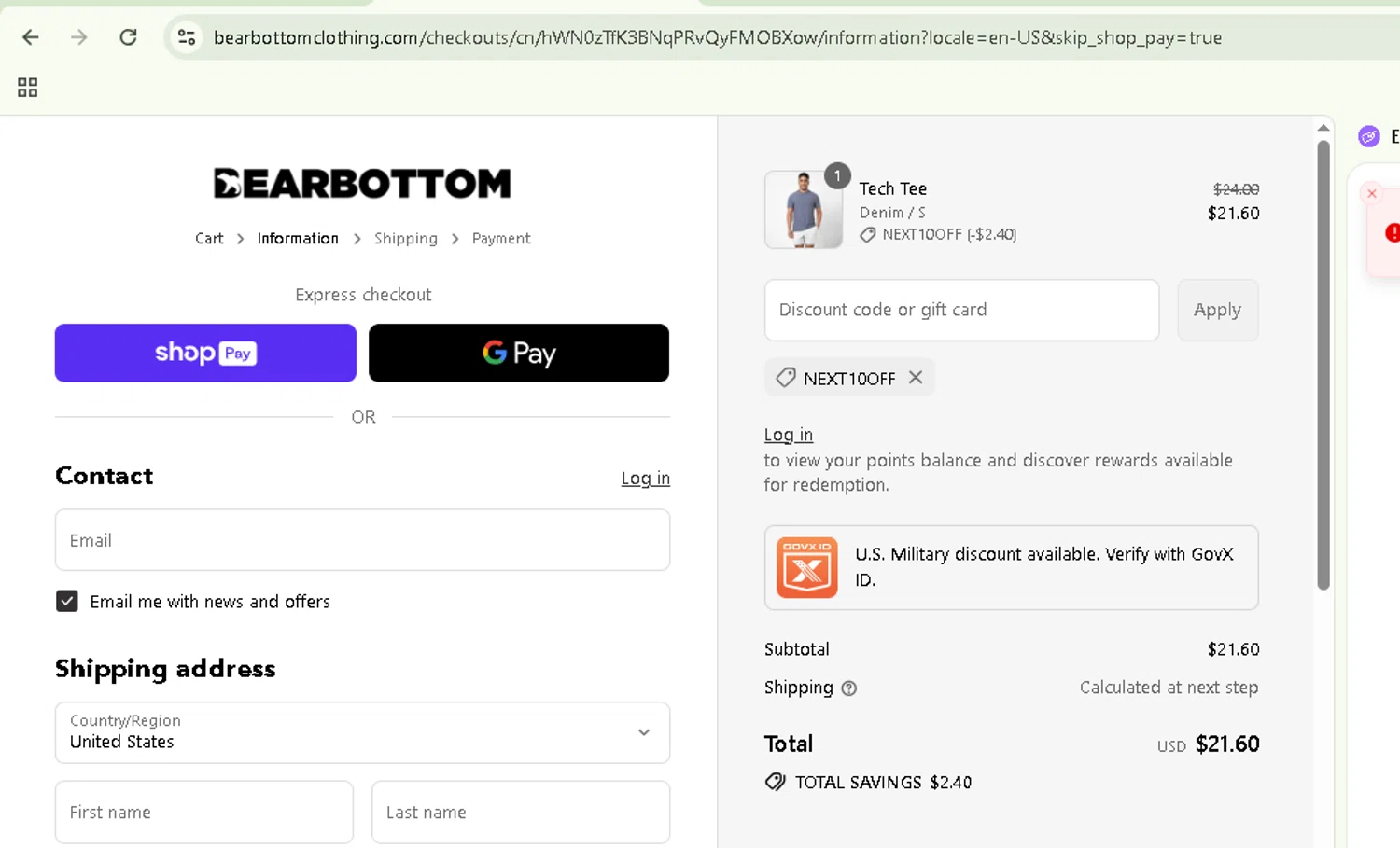 Bearbottom Clothing discount code screenshot showing code NEXT10OFF applied at Bearbottom Clothing checkout page. Uploaded by SimplyCodes community member NobleSentinel8535 on Jul 24, 2025