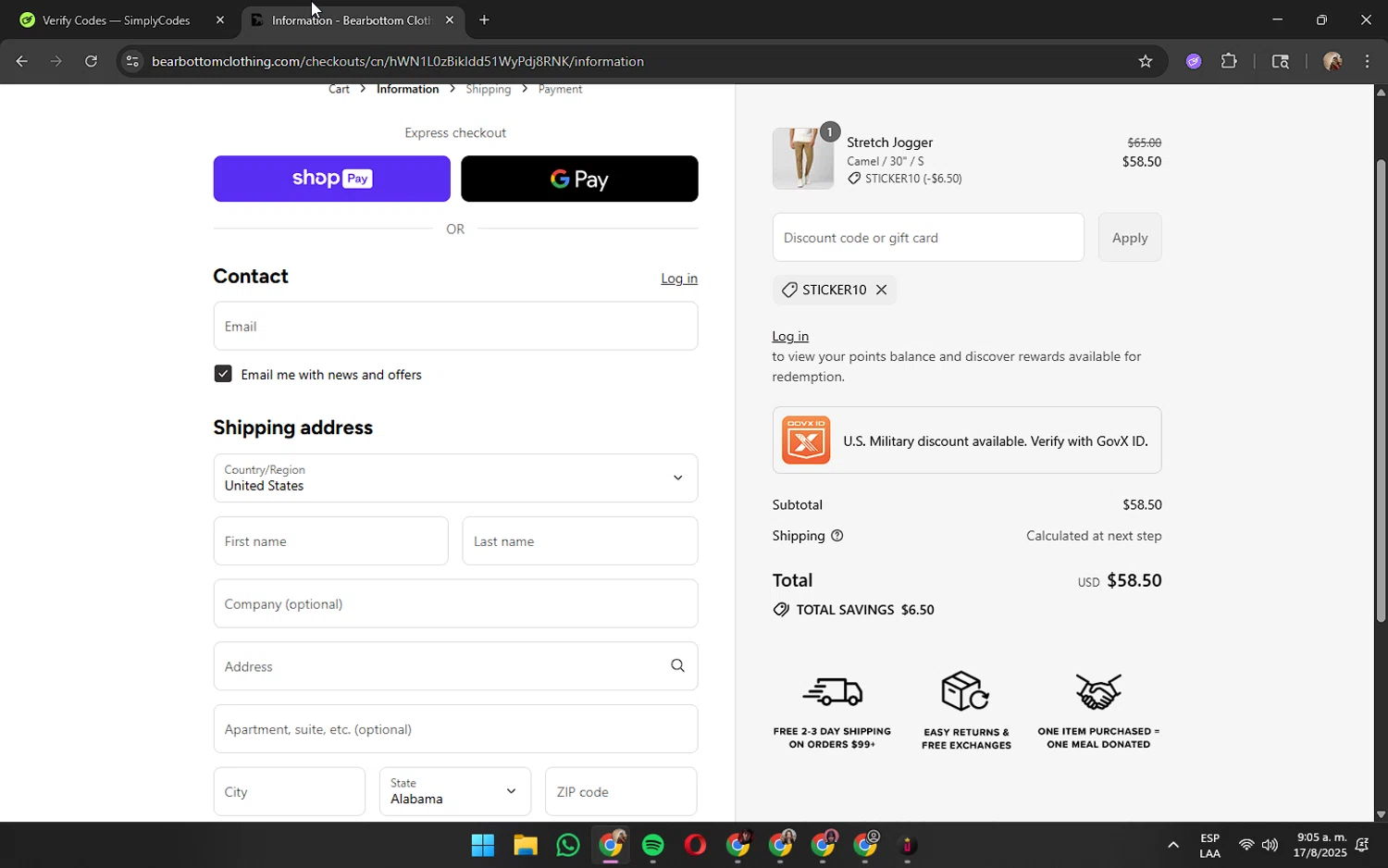 Bearbottom Clothing discount code screenshot showing code STICKER10 applied at Bearbottom Clothing checkout page. Uploaded by SimplyCodes community member JennaOrtega on Aug 17, 2025