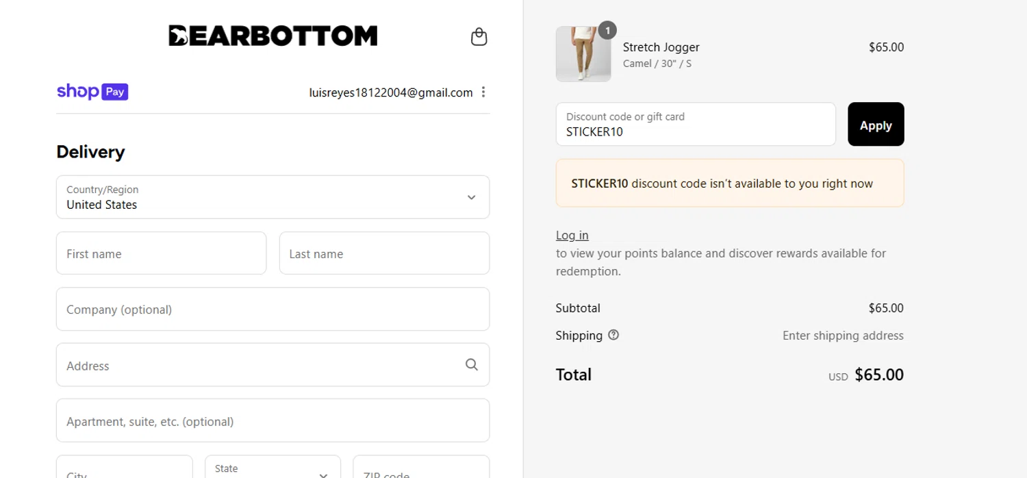 Bearbottom Clothing discount code screenshot showing code STICKER10 applied at Bearbottom Clothing checkout page. Uploaded by SimplyCodes community member PrimeFalcon5548 on Aug 25, 2025