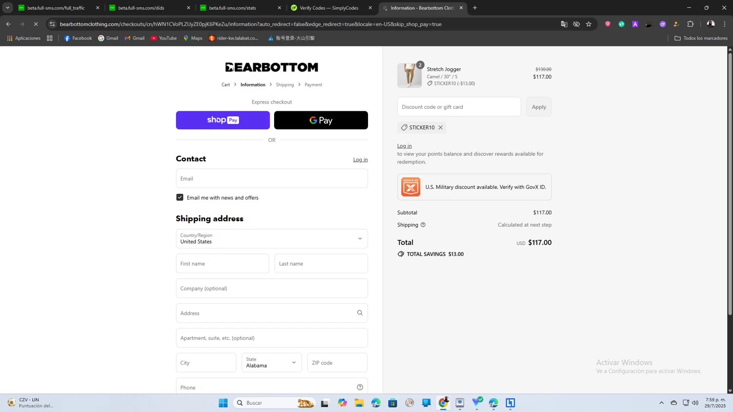 Bearbottom Clothing discount code screenshot showing code STICKER10 applied at Bearbottom Clothing checkout page. Uploaded by SimplyCodes community member SaleScout3344 on Jul 29, 2025