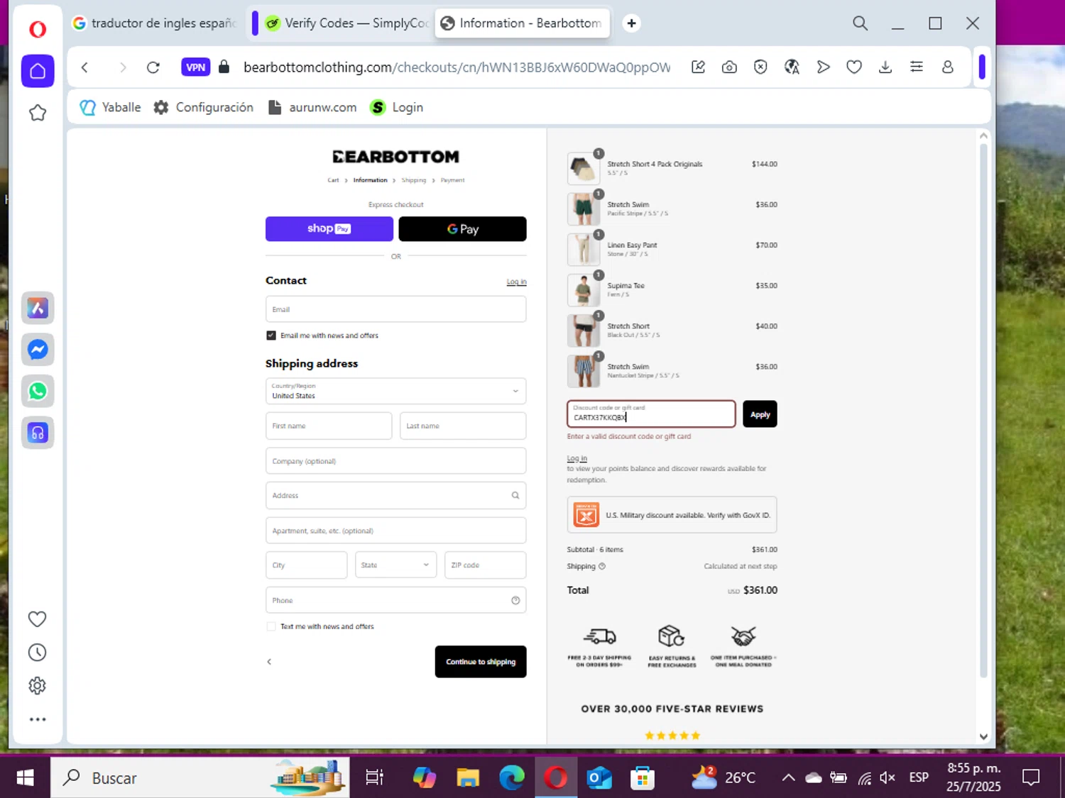 Bearbottom Clothing discount code screenshot showing code CARTX37KKQBX applied at Bearbottom Clothing checkout page. Uploaded by SimplyCodes community member Denievelyspereira on Jul 26, 2025
